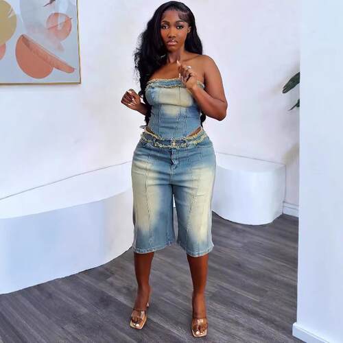 Women's denim suit, Asian women's fringed chest top, high