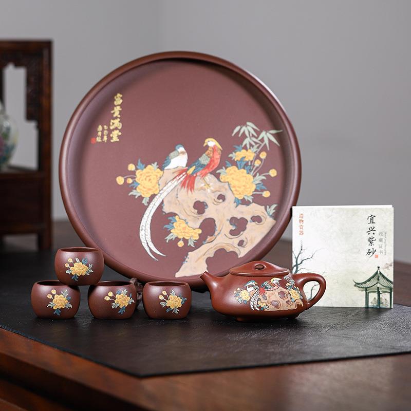 宜兴原矿紫砂壶茶盘套装茶具纯手工泥绘家用功夫泡茶壶景州石瓢壶