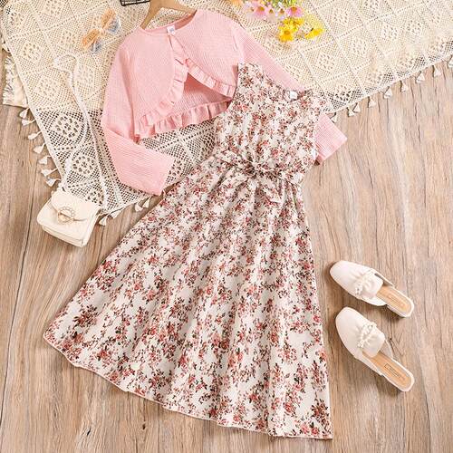 Girls' set floral vest skirt long sleeved jacket