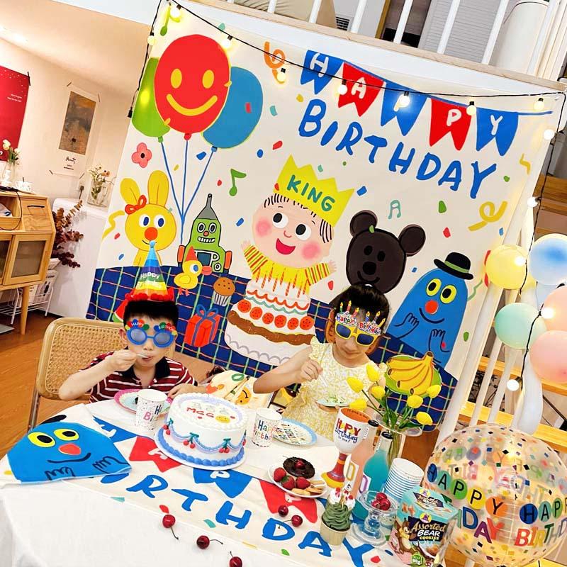 BX62 快乐男孩生日派对布置装饰背景布 宝宝一周岁气球挂布