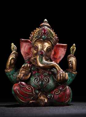 仿古铜镶嵌宝石彩绘描金象鼻财神佛像古玩收藏家居装饰工艺品