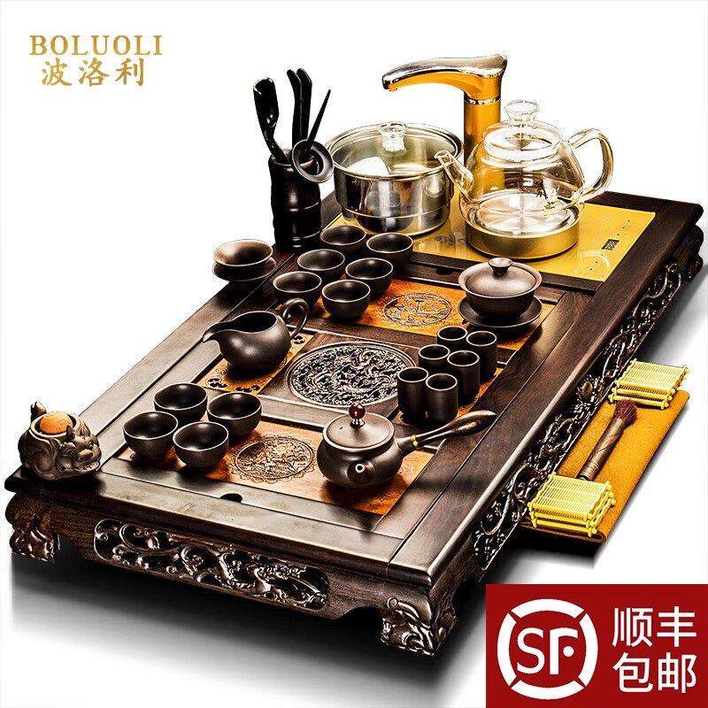 紫砂功夫茶具套装家用高端档黑檀木实木茶盘烧水壶全自动一体轻奢