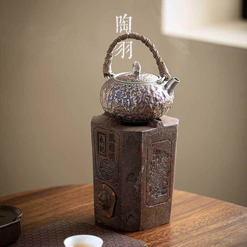 纯银提梁茶壶家用烧水煮茶壶复古石纹鎏银养生手工泡茶器围炉煮茶