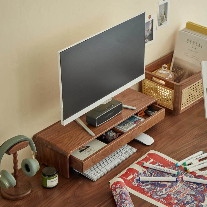 电脑增高架桌面收纳黑胡桃木实木底座显示器置物架笔记本收纳支架