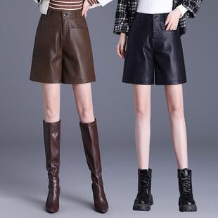 搭靴裤 显瘦字阔皮腿黑皮裤 外穿 百女秋冬2261新款 高腰绵羊皮色短裤