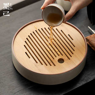 陶瓷茶盘功夫茶具圆形竹制托盘储水干泡盘 墨己汝窑米黄家用日式