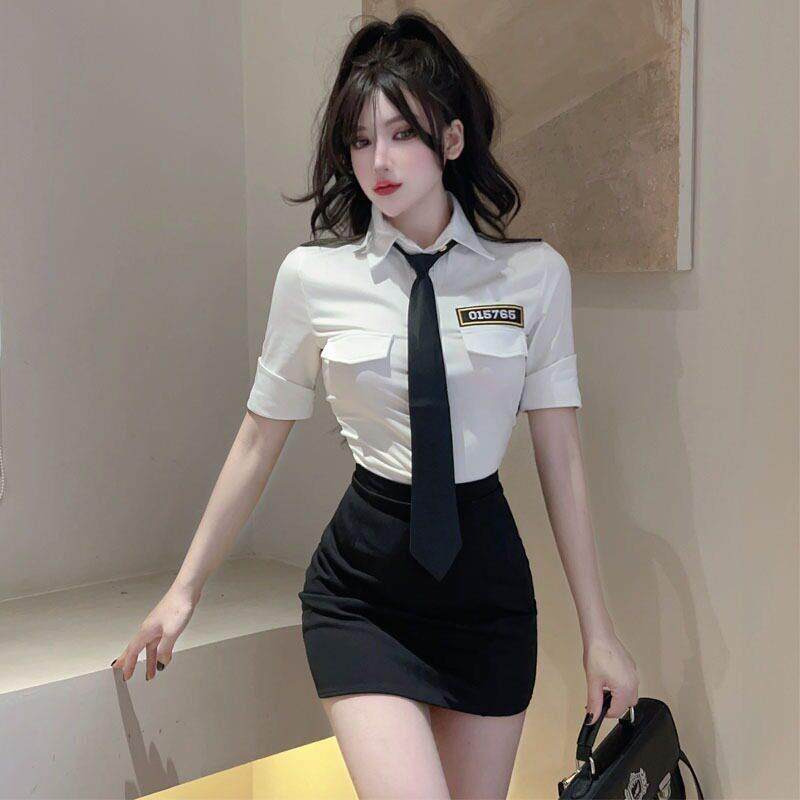 网红主播衣服纯欲衬衫女空姐制服性感上班服白色衬衣领带御姐上衣