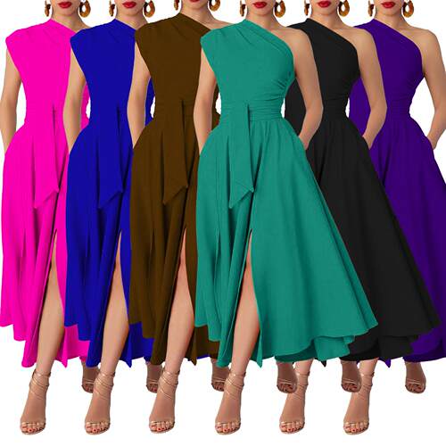 Women's One-Shoulder Plain Split Thigh Dress, Elegant,