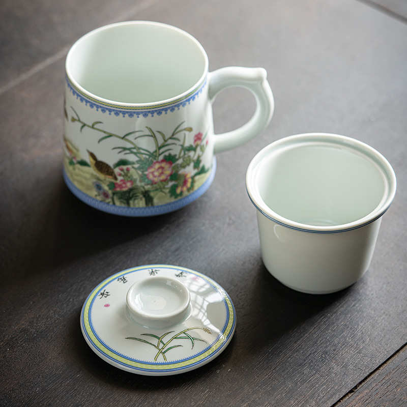 带杯仿古复古批粉彩泡茶陶瓷过滤办公景德中式拟古礼自用水杯盖杯