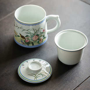 景德拟古陶瓷水杯复古过滤带盖泡茶杯仿古中式粉彩办公杯自用礼批