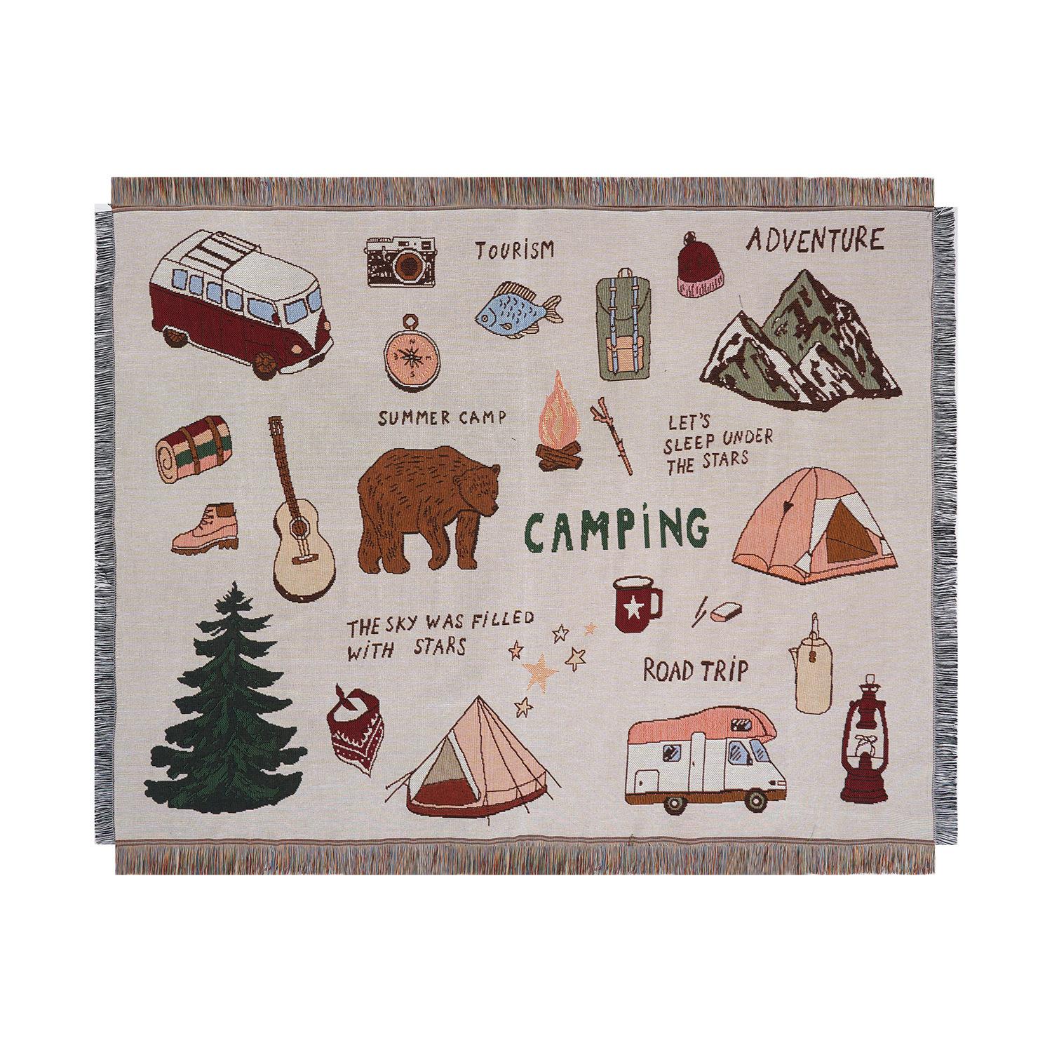 Shein露营装饰美式复古插画毯露营红木筏户外camping