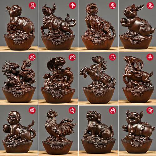 黑檀香雕刻十二生肖标志集鼠，牛，虎，兔，龙，蛇，马，羊，猴，