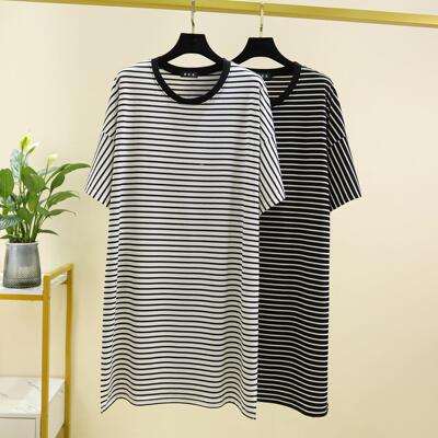 Short sleeved striped dress, women's slim fit plus size