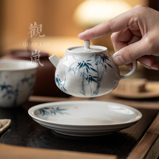 观岚草木灰手绘蓝竹茶壶家用陶瓷泡茶器高档釉下彩功夫茶具单个壶