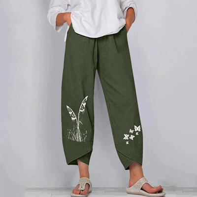 Women's single printed cotton and linen wide leg pants,
