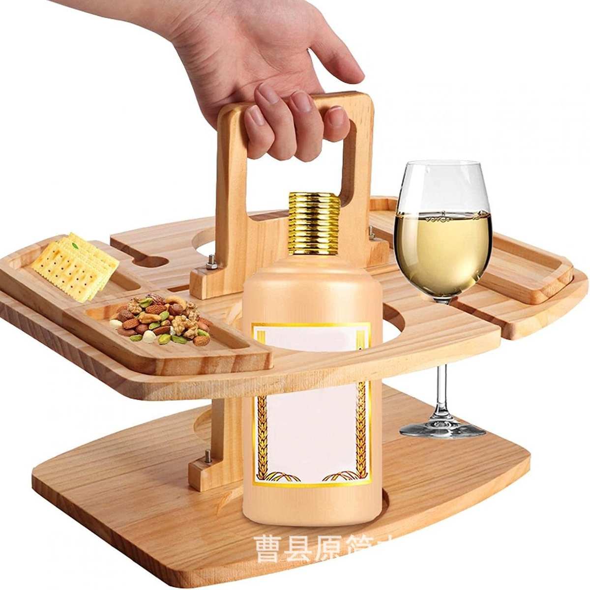 竹木制户外餐盘手提式双层酒架水果盘野餐酒杯架红酒架实木野餐桌