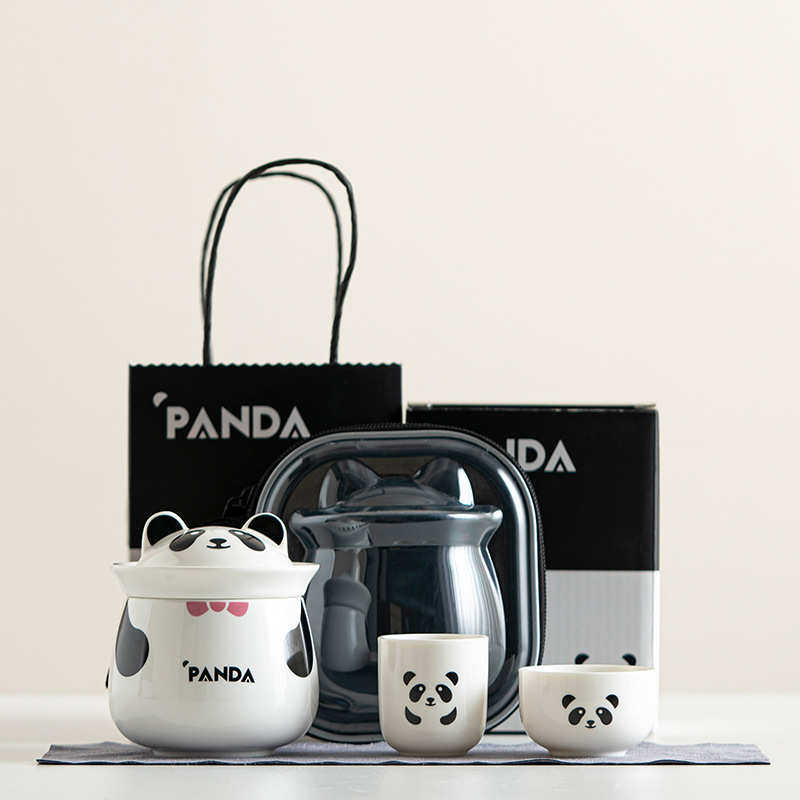 创意熊猫快客杯便携式包旅行茶具国朝萌趣一壶二杯户外小套装清新