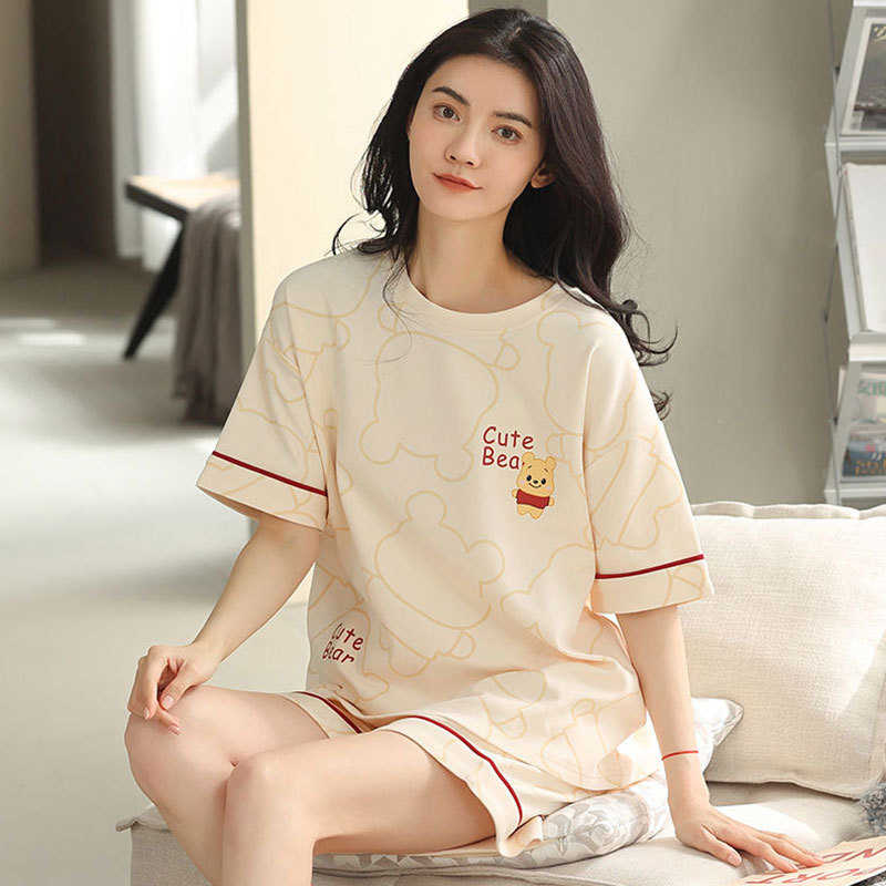 夏季圆领女士睡衣可爱抱抱熊家居服可外穿休闲舒适短袖短裤两件套