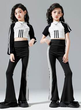 女童露脐jazz爵士舞演出服装女孩形体训练服喇叭裤瑜珈裤模特走秀