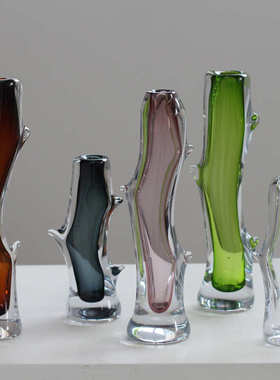 现代简约厚底创意小口直筒树杈琉璃花瓶透明客厅家用干花软装摆设