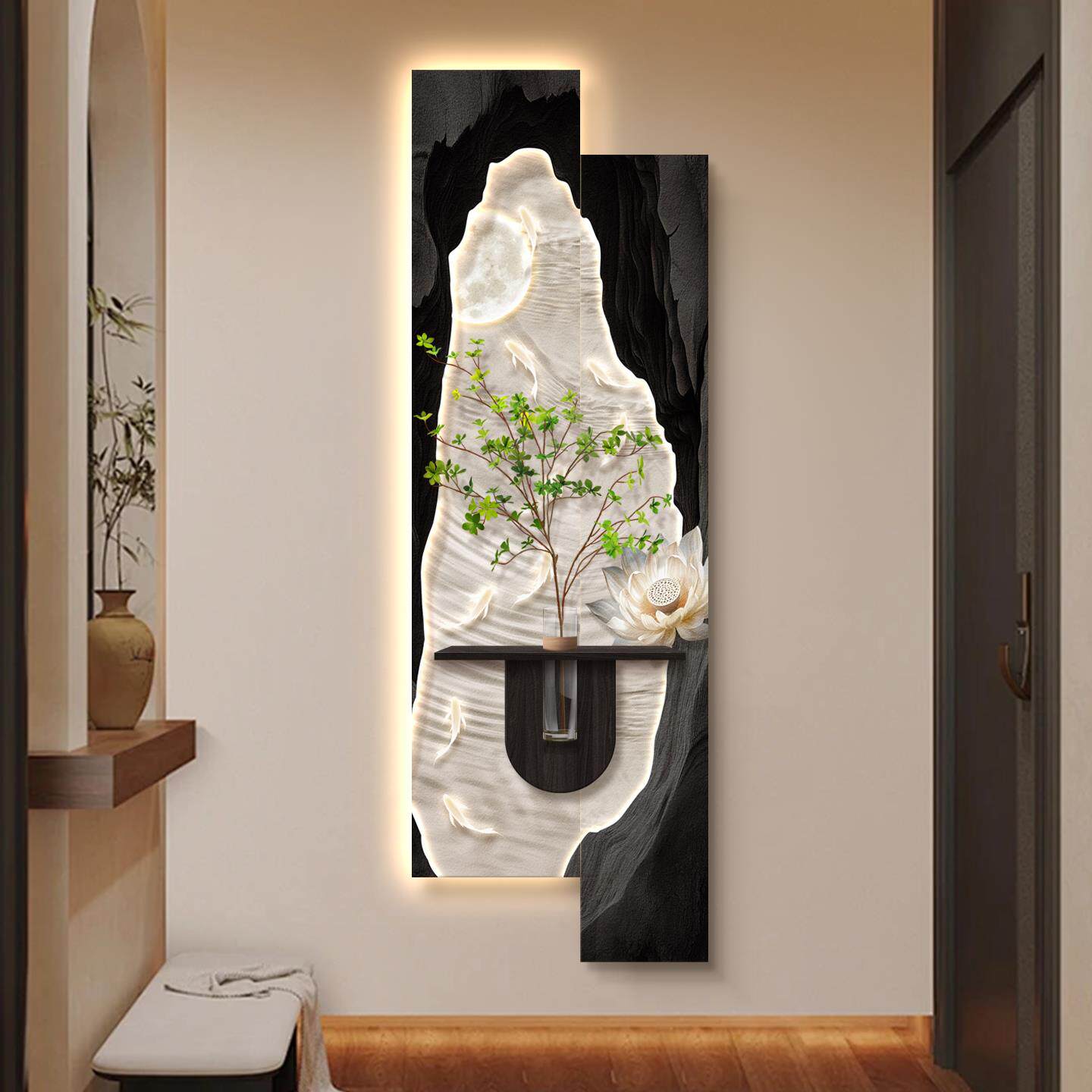中古风九鱼图玄关装饰画砂岩水培绿植复古入户门挂画走廊带灯壁画