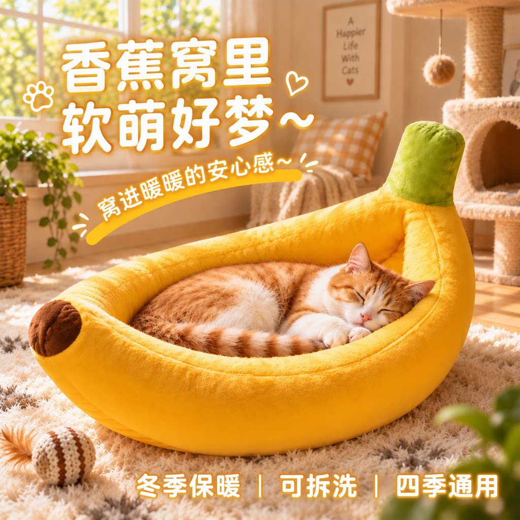 香蕉造型猫窝冬季保暖加厚短毛绒半包围可拆洗四季通用狗窝旗舰店