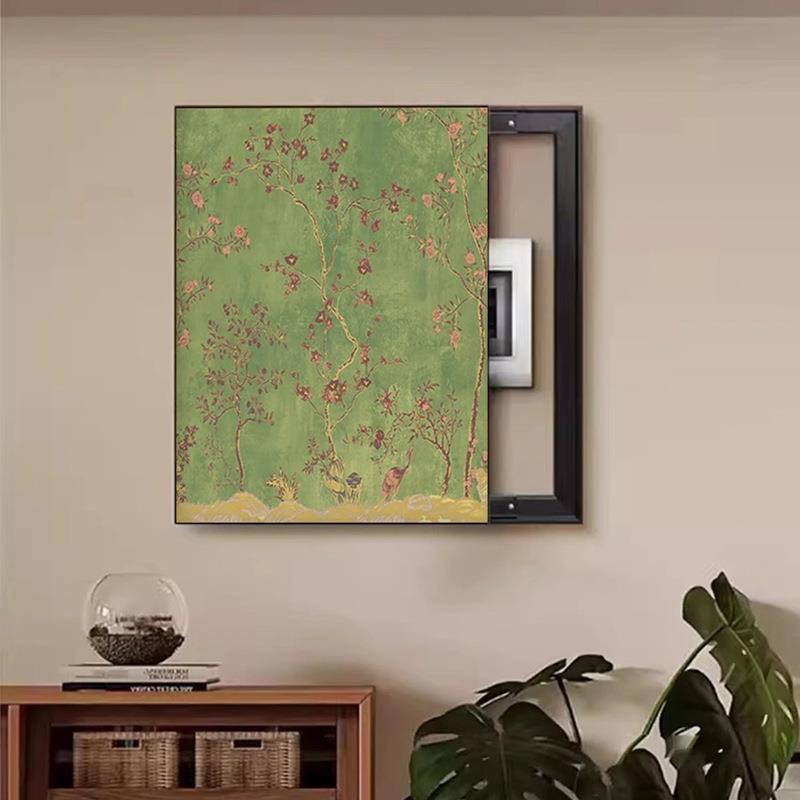 中古风绿色电表箱装饰画2024新款高级感配电箱遮丑电闸可推拉挂画