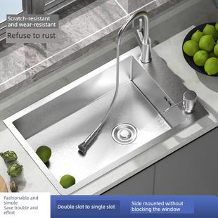 拉丝L20厨房窄长型水槽单槽侧孔水盆家用不锈钢304横向洗菜盆加厚