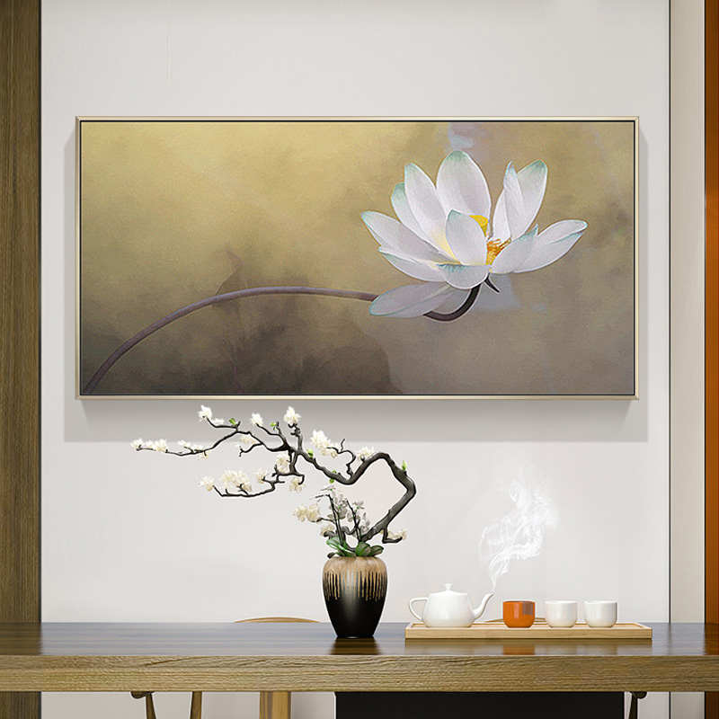 纯手绘油画客厅沙发背景墙挂画现代简约卧室床头荷花禅意装饰画图片