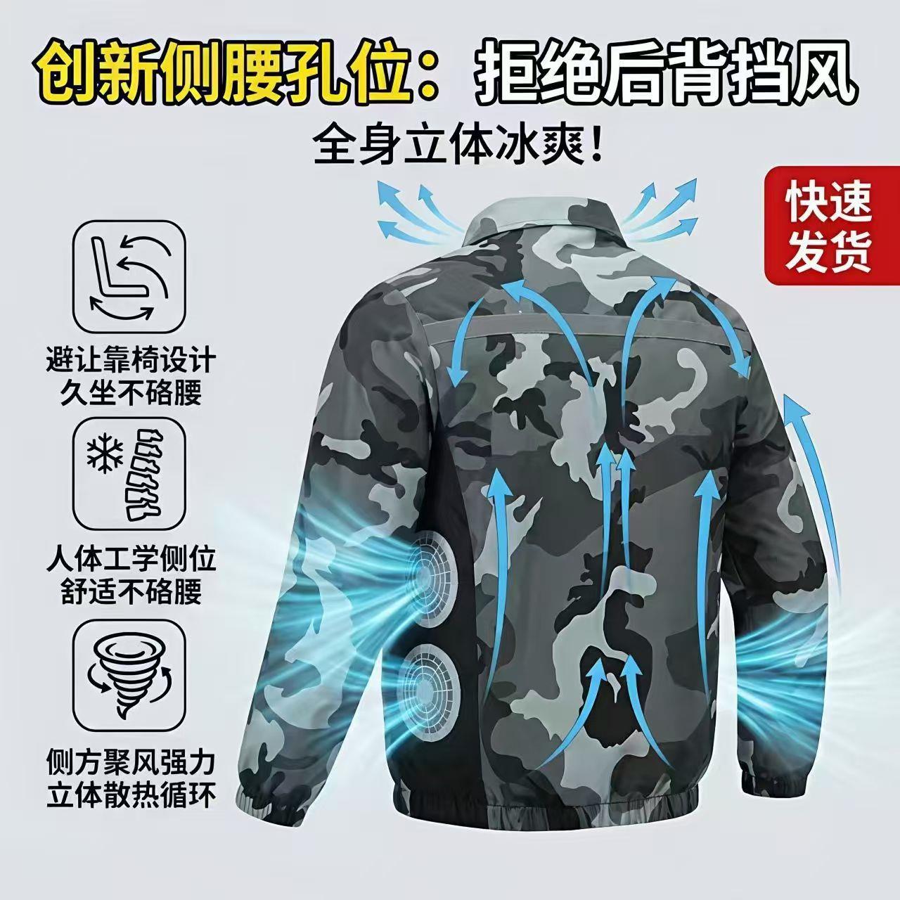夏季迷彩电风扇衣服户外工作服男款防暑降温空调服充电制冷工装女