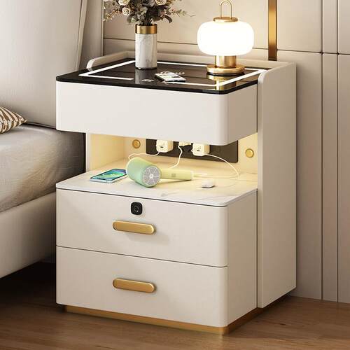 奶油风智能床头柜40公分轻奢简约现代卧室可充电多功能床边柜50cm