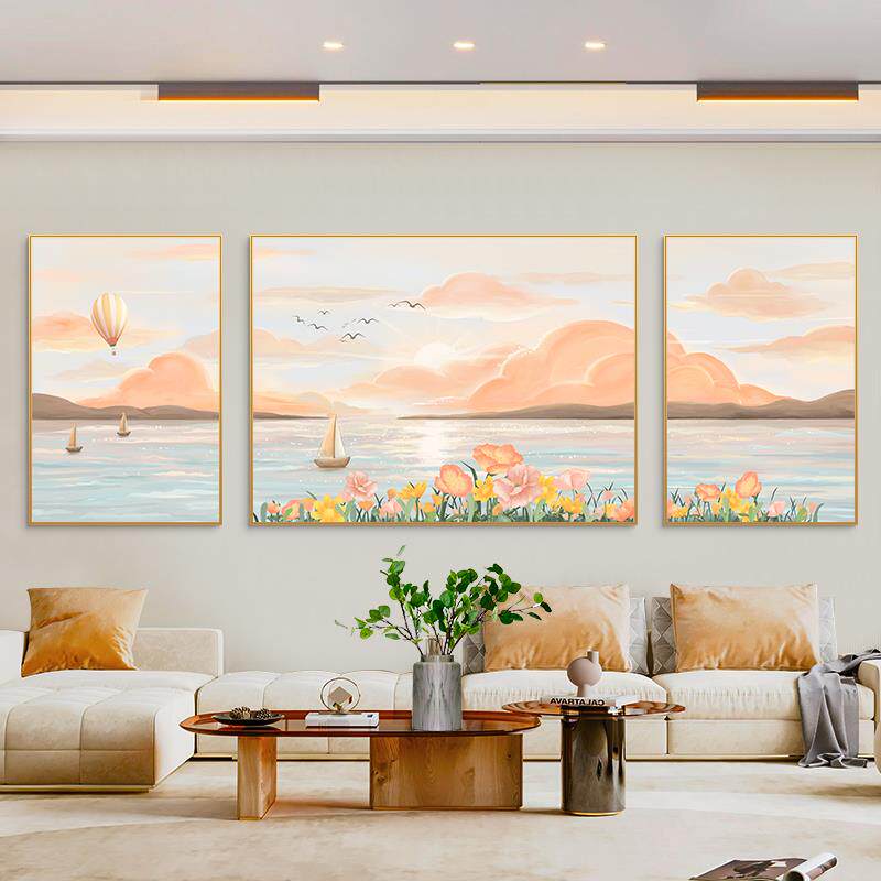 北欧客厅装饰画三联画现代简约沙发背景墙挂画日出风景小清新壁画