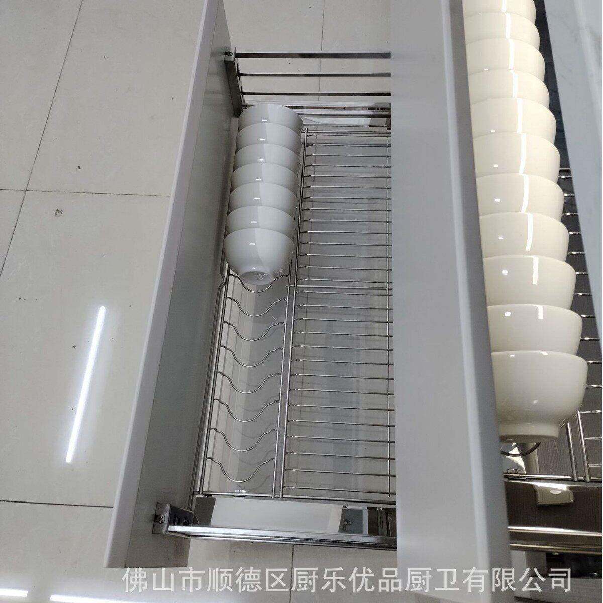 不锈钢304扁钢碗碟拉篮厨房橱柜拉篮双层缓冲抽屉式三边碗碟篮
