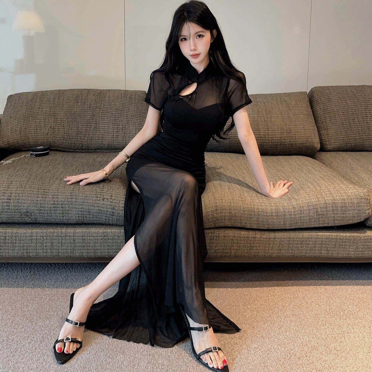 修身性感网纱连衣裙带胸垫改良旗袍长裙黑色显瘦夜店礼服复古工装