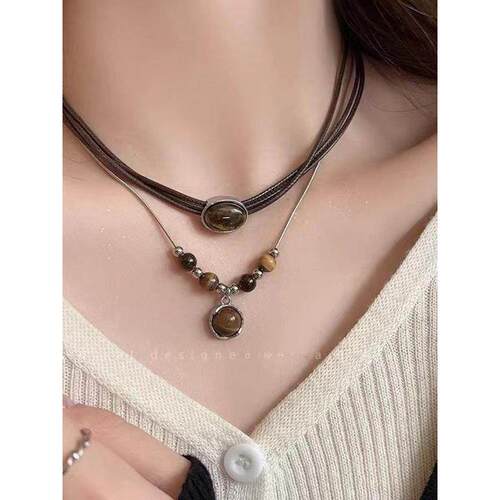 Necklace for women覆古皮革虎眼石项炼女中式叠戴choker小众颈炼