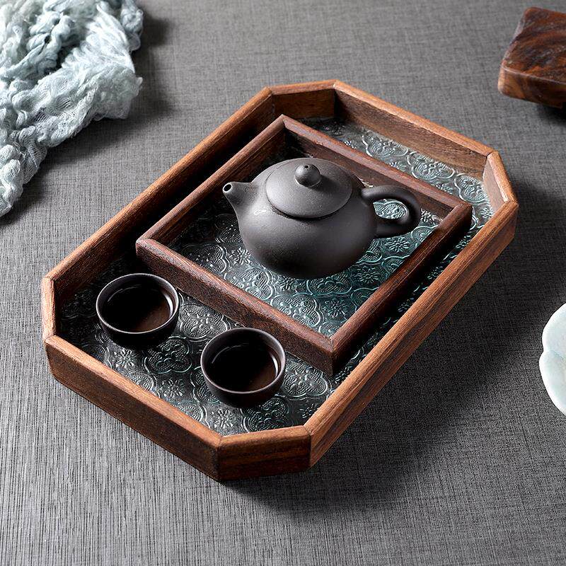 多边形海棠花玻璃托盘新中式菱形茶托盘实木点心盘茶道茶具收纳盘