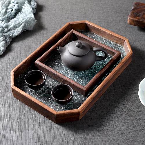 多边形海棠花玻璃托盘新中式菱形茶托盘实木点心盘茶道茶具收纳盘