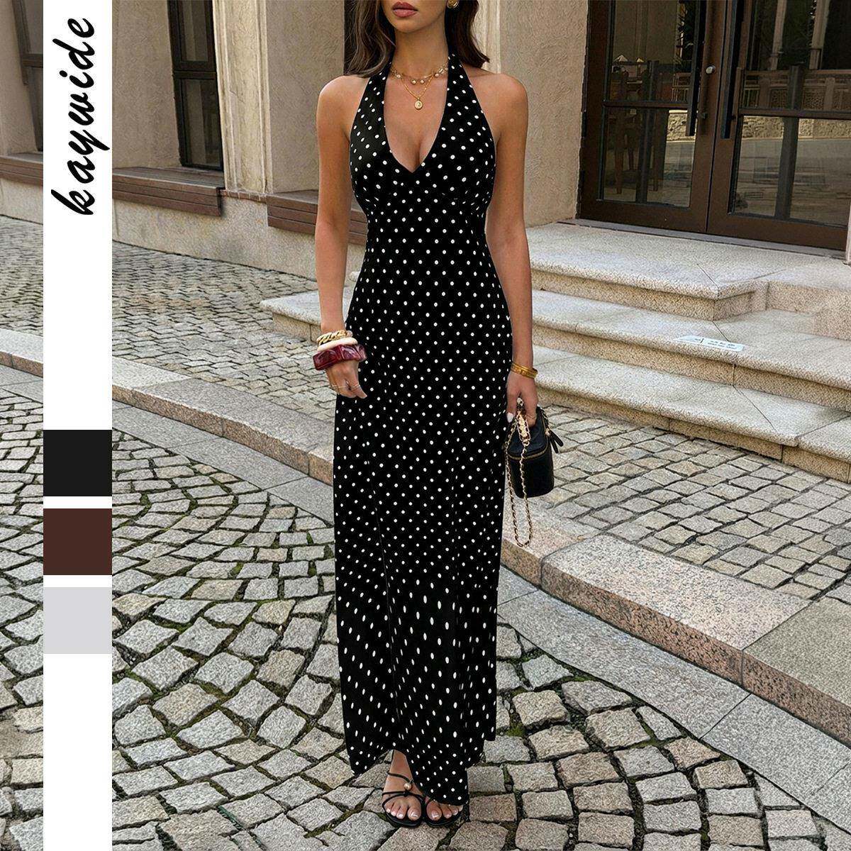 Polka Dot Halter V Neck Back Tie Slim Dress Sleeveless Lace