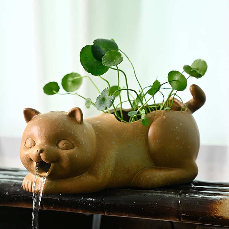 绿过滤装饰花瓶人流水培植陶瓷动物沼泽生态摆件星喵鱼缸出水口水图片
