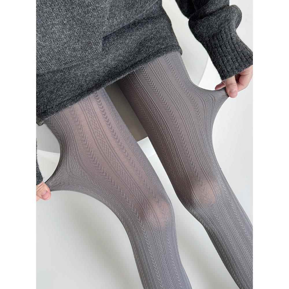 灰色连裤袜女春秋新款竖条纹显瘦光腿神器麦穗提花格雷系打底丝袜