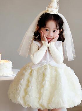 女宝生日宴小礼服冬套装送礼白色衣服儿童绝美蓬蓬裙子女童公主裙