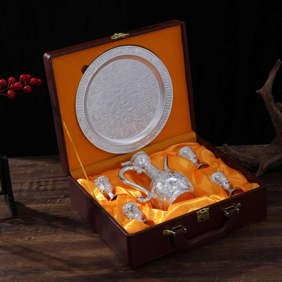 复古百福酒具套装酒店家用高档中式金属托盘酒壶白酒杯送礼摆件