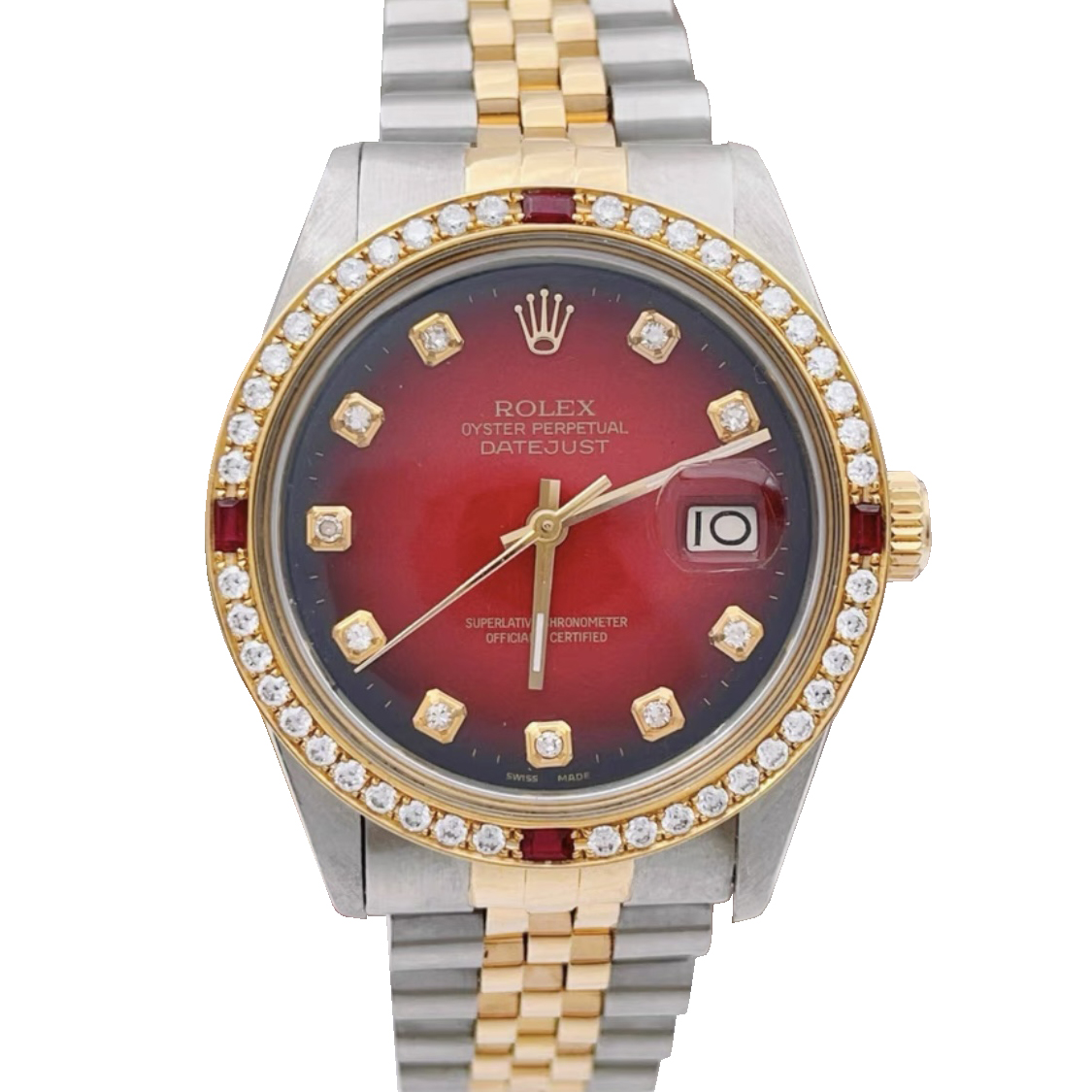 正品稀有渐变红盘[9.8新]劳力士日志型后镶钻自动机械男表16233