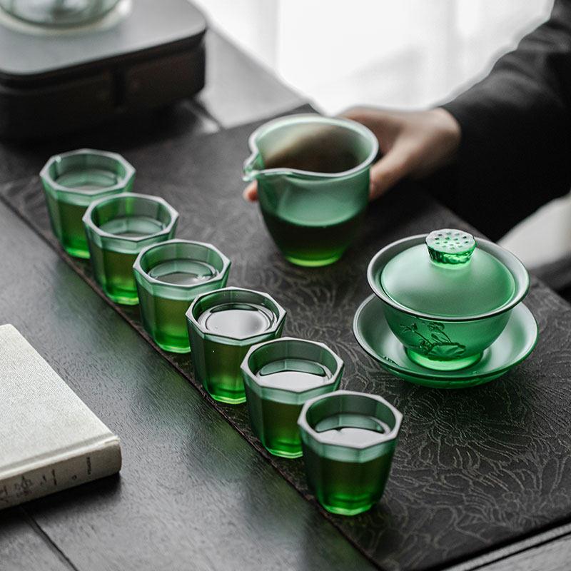 琉璃功夫茶具套组帝王绿盖碗公道杯茶杯客厅会客家用高档传统茶器