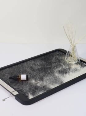 欧式轻奢简约长方形金属实木马毛托盘摆件样板间茶几玄关收纳盘