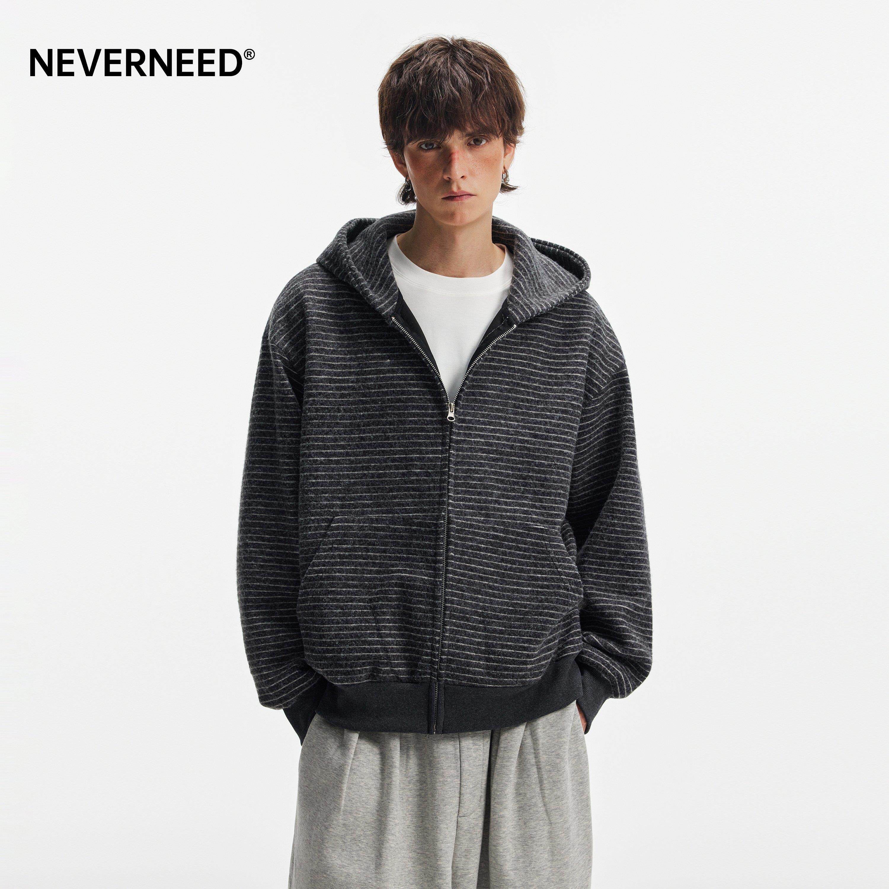 NEVERNEED美式复古cleanfit连帽卫衣男女重磅慵懒风条纹开衫外套图片