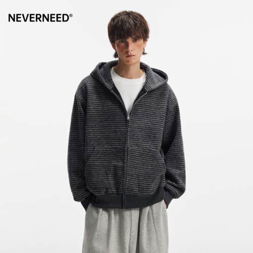 NEVERNEED美式复古cleanfit连帽卫衣男女重磅慵懒风条纹开衫外套