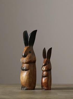 迦乐 美式乡村 Pattaya手工原木雕刻 长耳兔造型桌面摆件