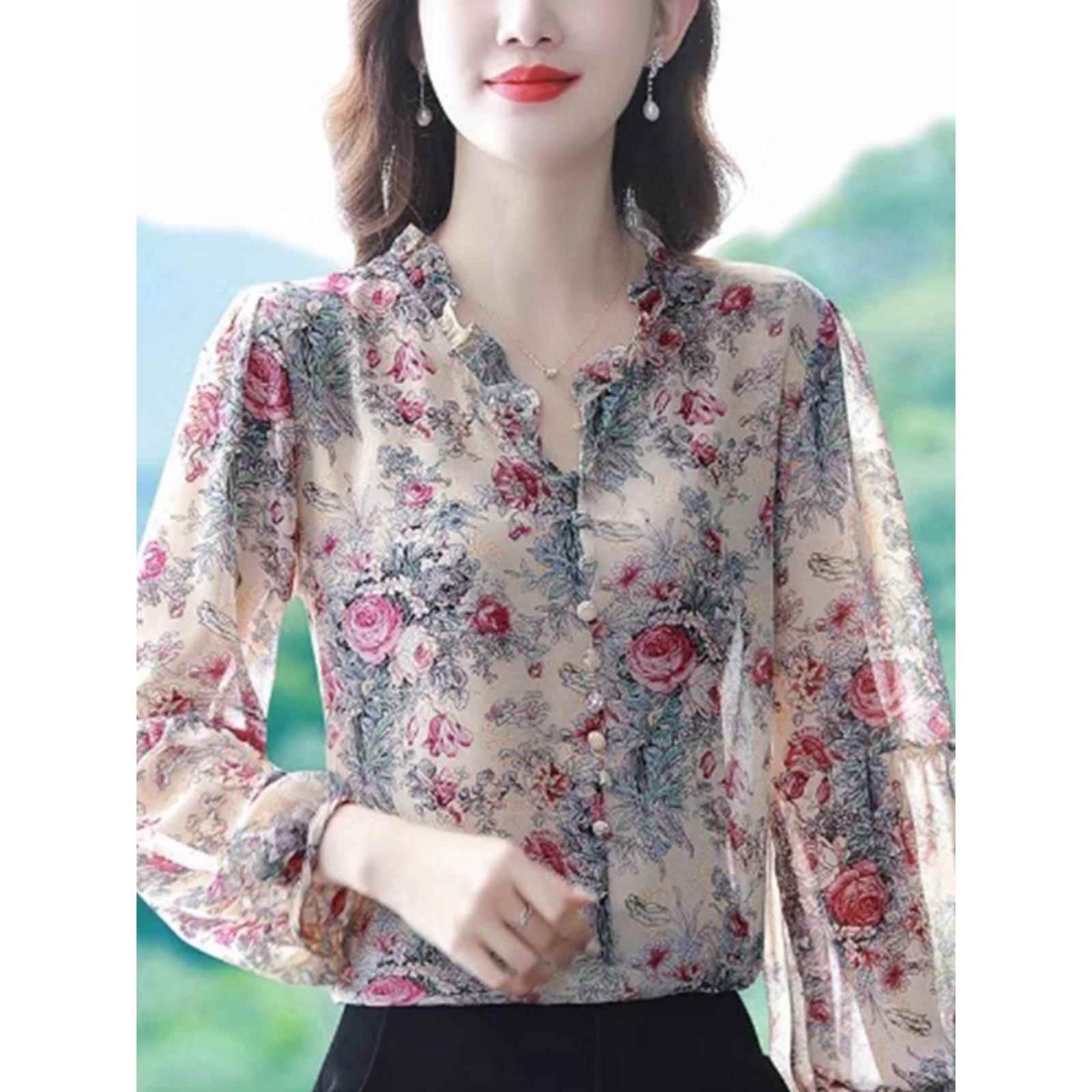 碎花雪纺衬衫女春秋2025新款宽松显瘦时尚洋气长袖内搭打底衫衬衣