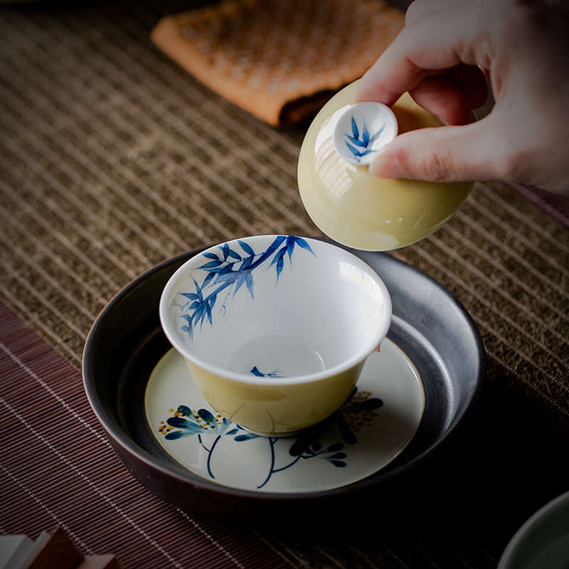 缃黄纯手绘竹隐陶瓷盖碗茶杯单个家用泡茶器不烫手功夫茶碗带盖子